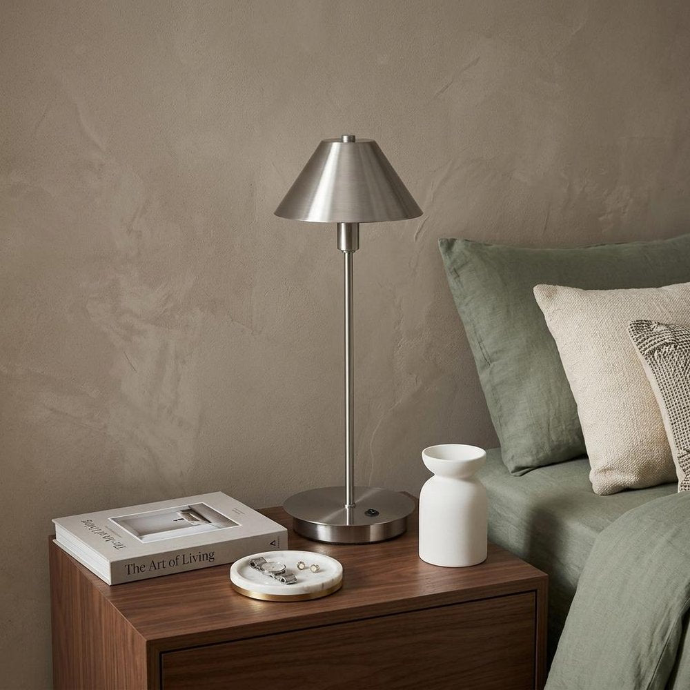 17" Silver Metal Bedside Table Lamp With Silver Cone Shade HomeRoots