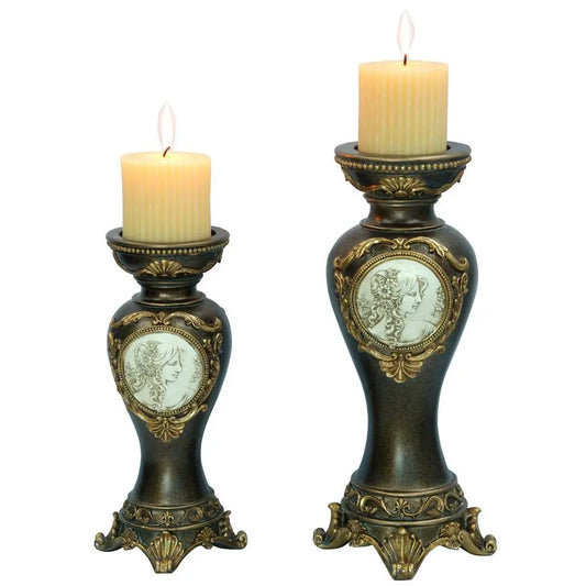 Set Of Two Bronze Greek Cameo Pillar Candle Holders HomeRoots