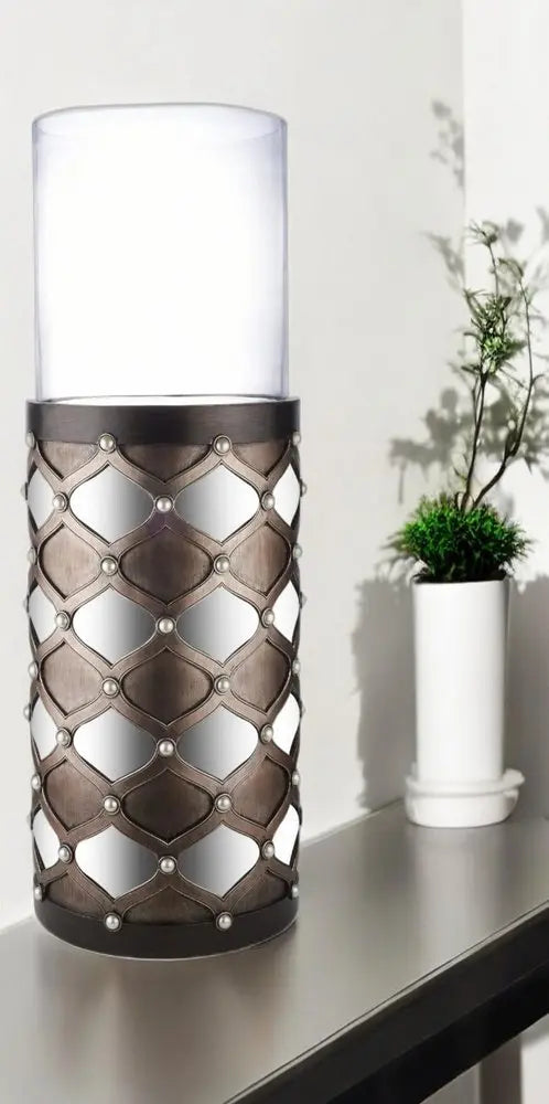 31" Bronze and Silver with Pearls Floor Hurricane Candle Holder HomeRoots