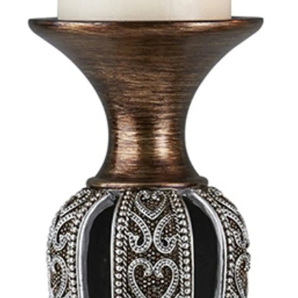 Set of Two Bronze and Silver Polyresin Hearts Centerpiece Pillar Candle Holders With Candle HomeRoots