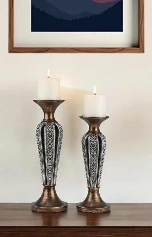 Set of Two Bronze and Silver Polyresin Hearts Centerpiece Pillar Candle Holders With Candle HomeRoots