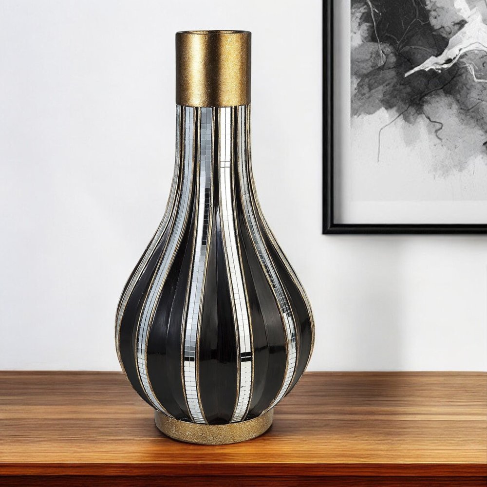 16" Gold and Black Striped Bud Polyresin Table Vase HomeRoots