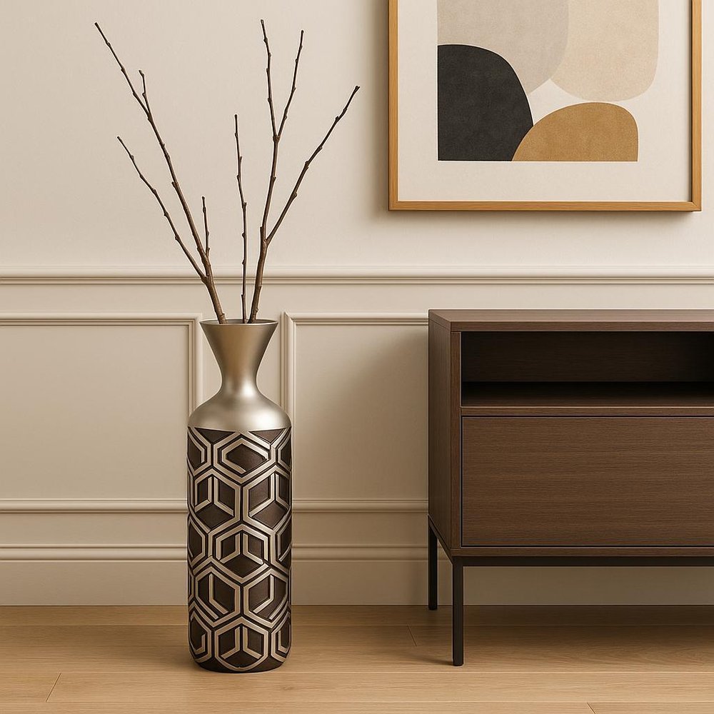 22" Brown and Silver Geometric Cylinder Polyresin Floor Vase HomeRoots