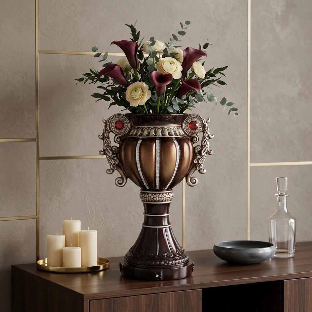 18" Bronze and Silver Floral Urn Polyresin Table Vase With Stones HomeRoots