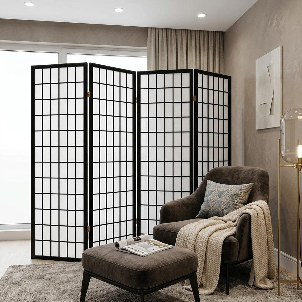 70" Black And White Heavy Duty Rice Paper Folding Four Panel Screen Room Divider HomeRoots