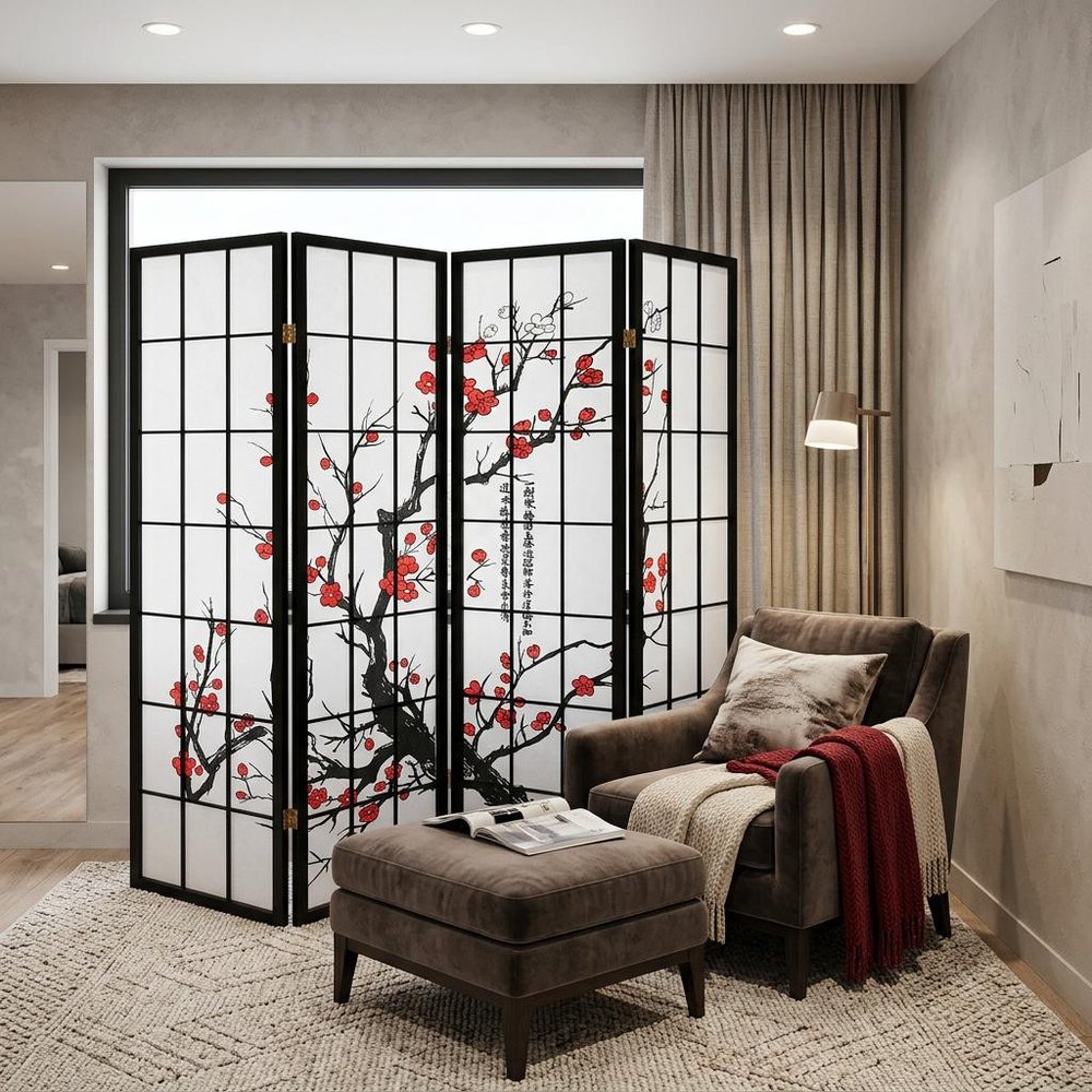 70" Black And White Heavy Duty Rice Paper Folding Four Panel Screen Room Divider HomeRoots