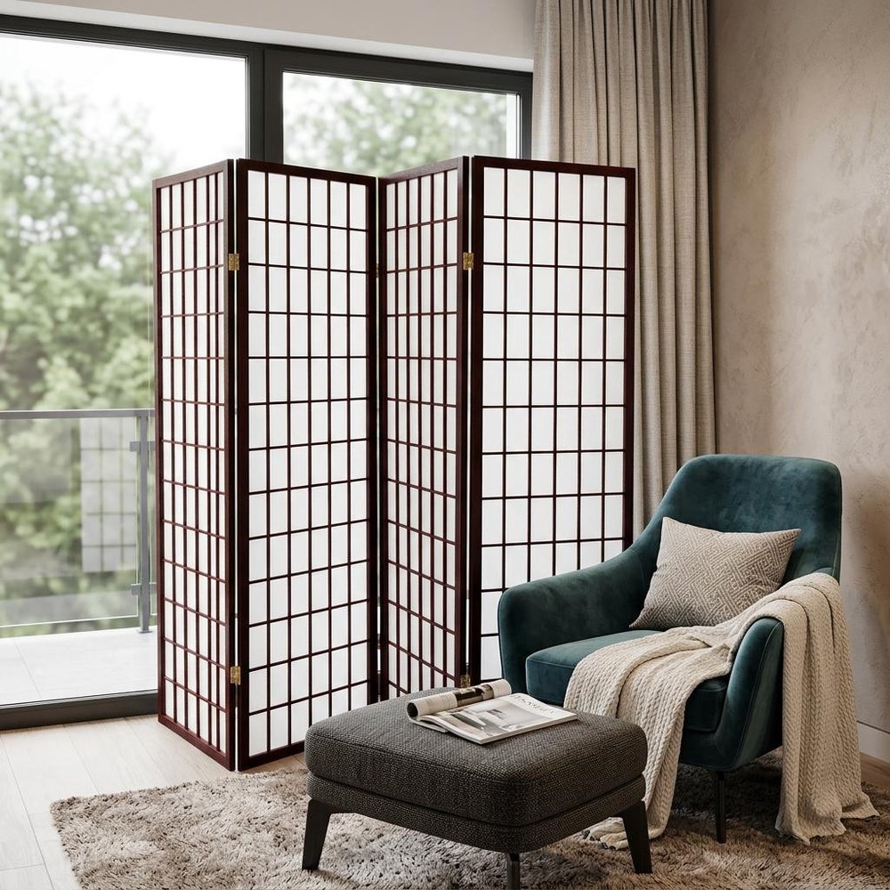 70" Brown Heavy Duty Rice Paper Folding Four Panel Screen Room Divider HomeRoots