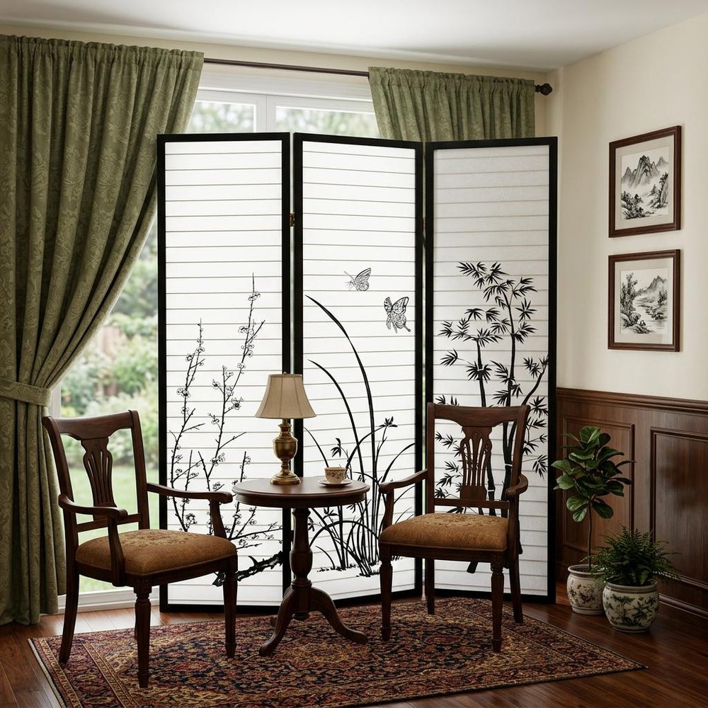 70" Black And White Heavy Duty Rice Paper Folding Three Panel Screen Room Divider HomeRoots