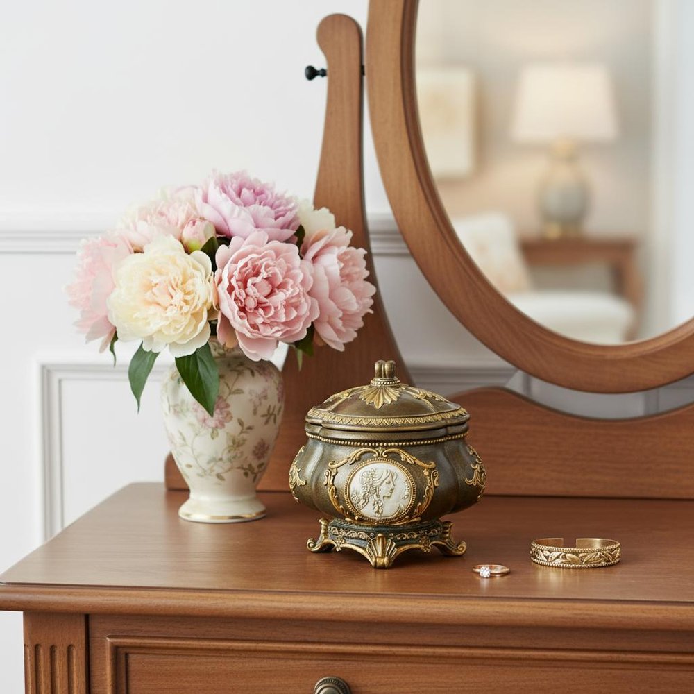 9" Bronze Gold And White Resin Floral Scroll Jewelry Box With Lacquer and High-Gloss Finishes HomeRoots