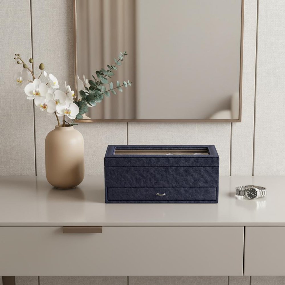 9" Blue And Clear Faux Leather And Glass Four Section Watch Box With Metal Accents HomeRoots