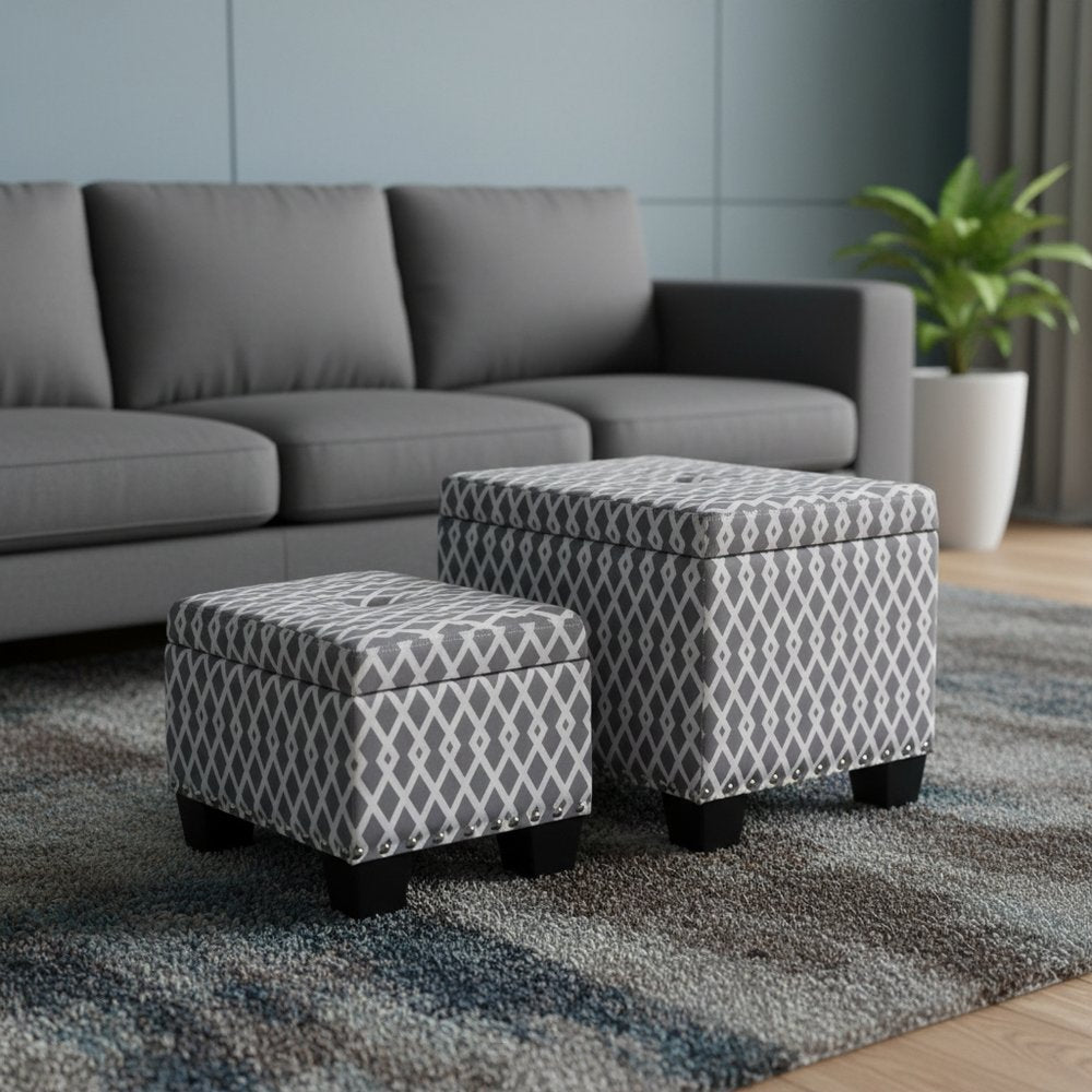 17" Gray White Black Gray and White Fabric Tufted Storage Ottoman HomeRoots