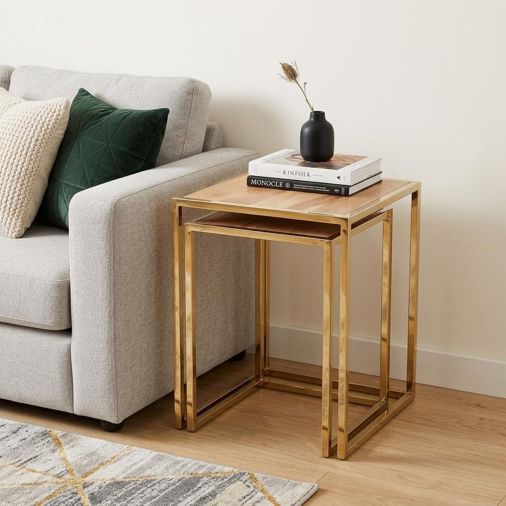 Set of Three Stylish Wood and Metal C Shaped Nesting End Tables HomeRoots