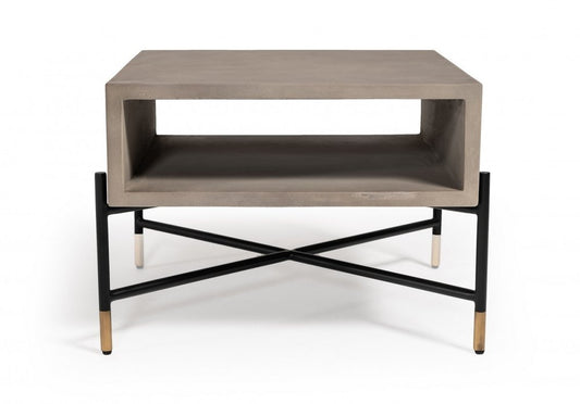 25" Gray and Black Concrete And Metal Square Coffee Table With Shelf HomeRoots