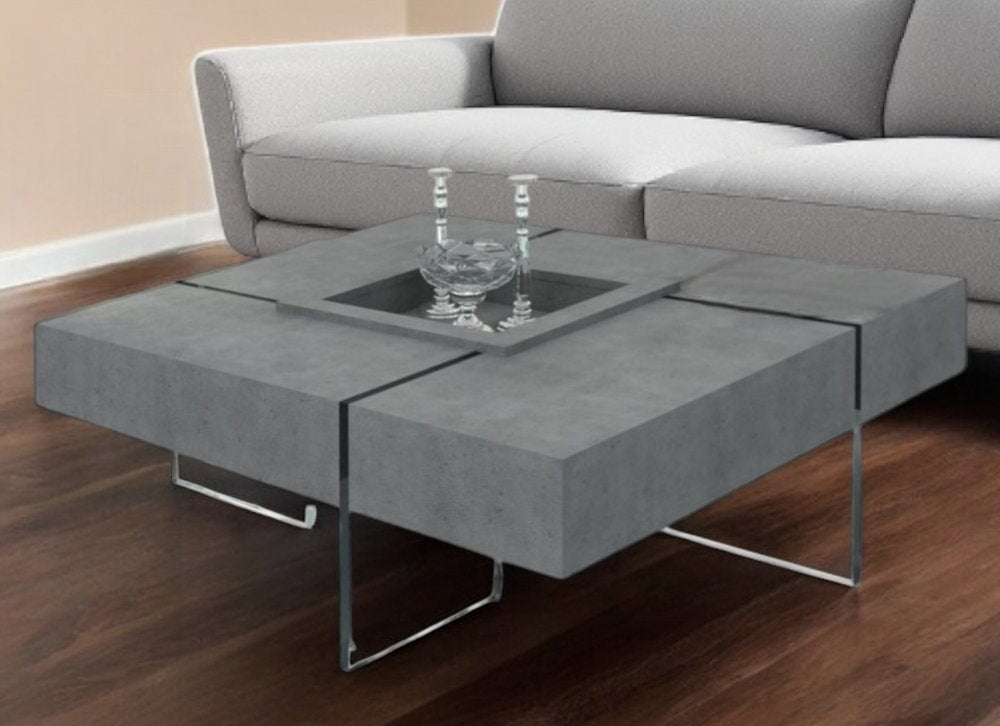 47" Gray and Clear Concrete And Glass Square Solid Coffee Table HomeRoots