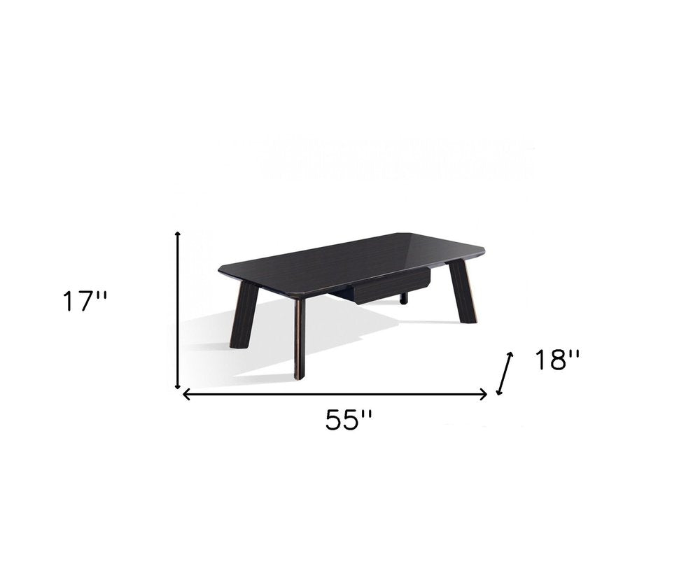 55" Ebony and Dark Brown Wood And Stainless Steel Coffee Table With Drawer HomeRoots