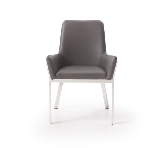 Gray and Silver Upholstered Faux Leather Dining Arm Chair HomeRoots