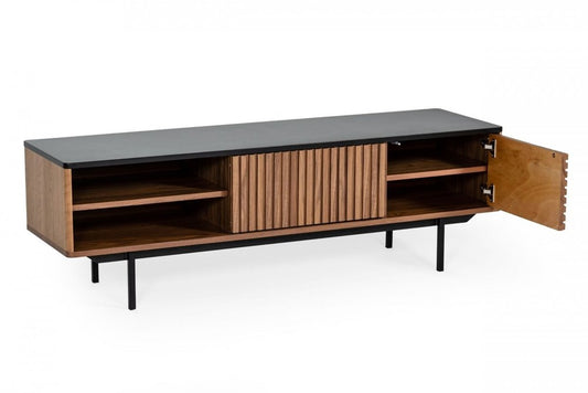 63" Walnut And Gray Wood Open And Enclosed Storage TV Stand HomeRoots
