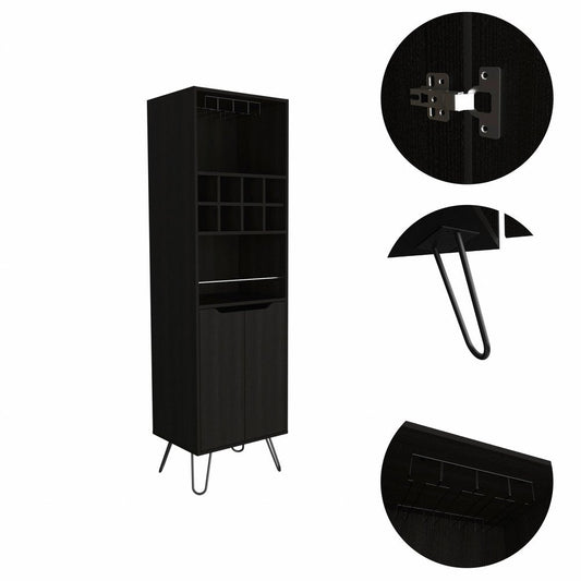 71" Black Tall Bar Cabinet with Two Door Panels and Top Wine Glass Rack HomeRoots
