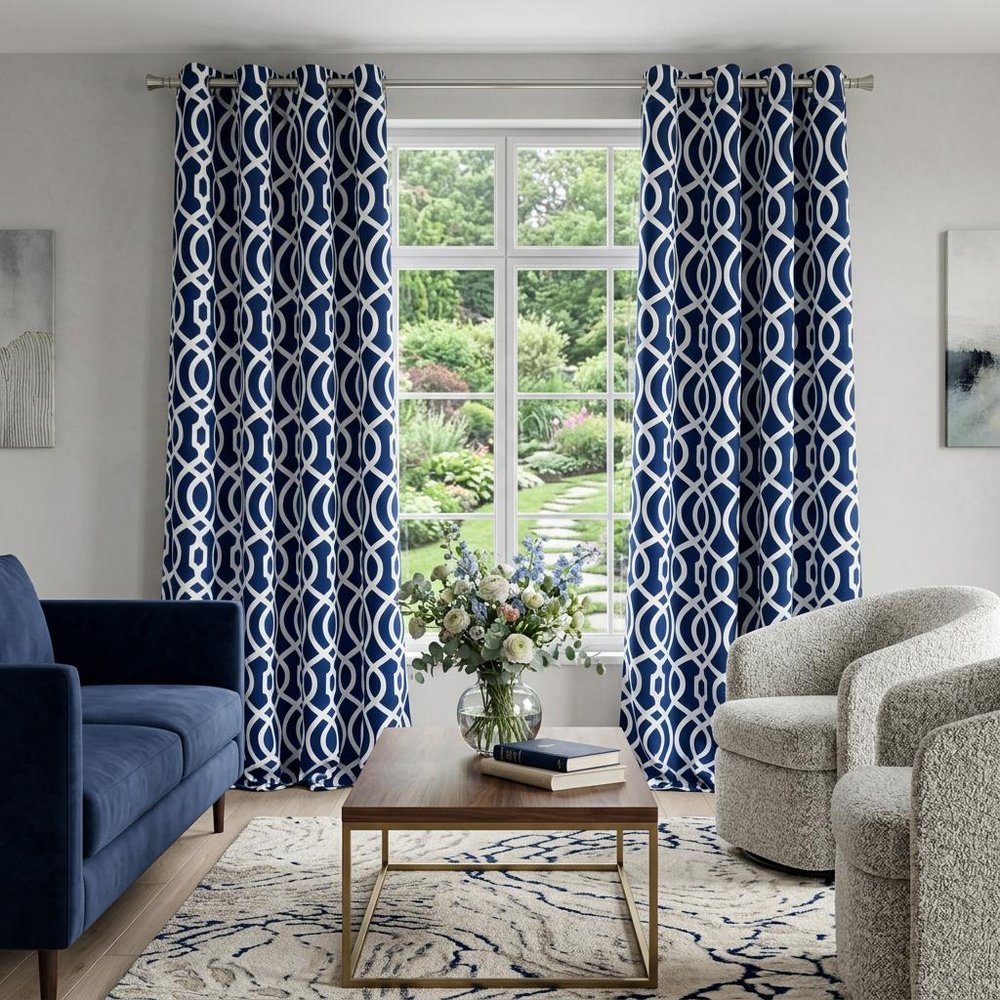 84" Navy Blue Trellis Black Out Window Curtain Panel HomeRoots