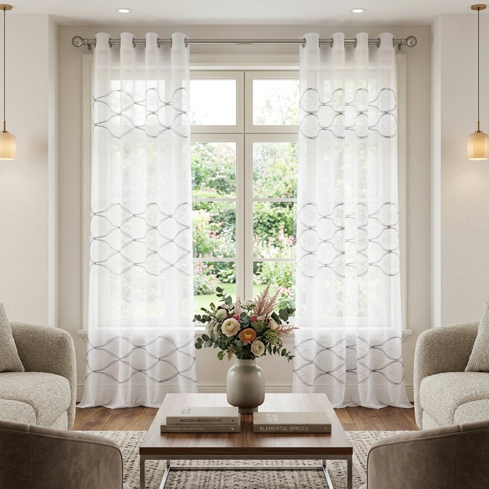 Set of Two 96" White Wave Embroidered Window Panels HomeRoots
