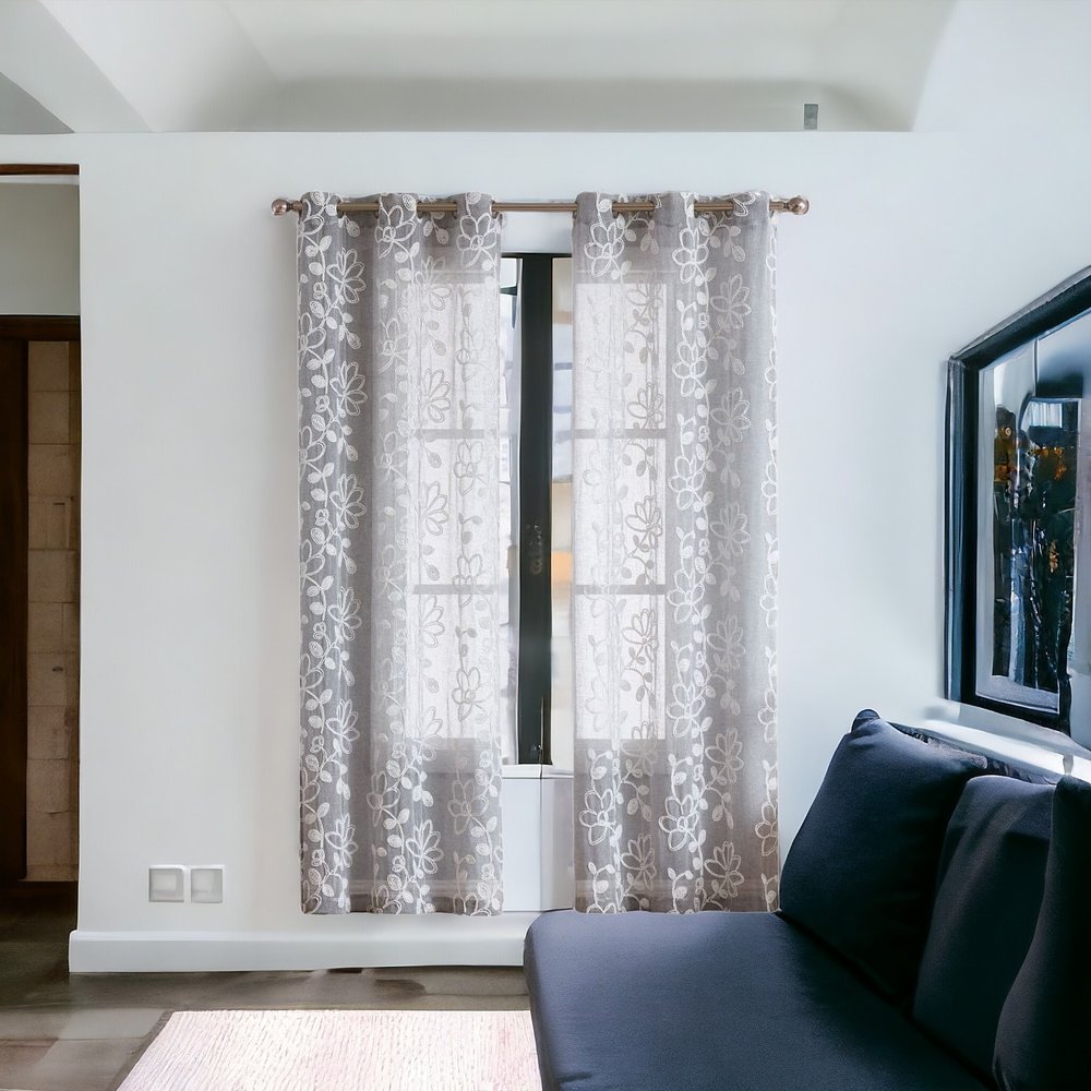 Set of Two 84" Silver Floral Embroidered Window Panels HomeRoots