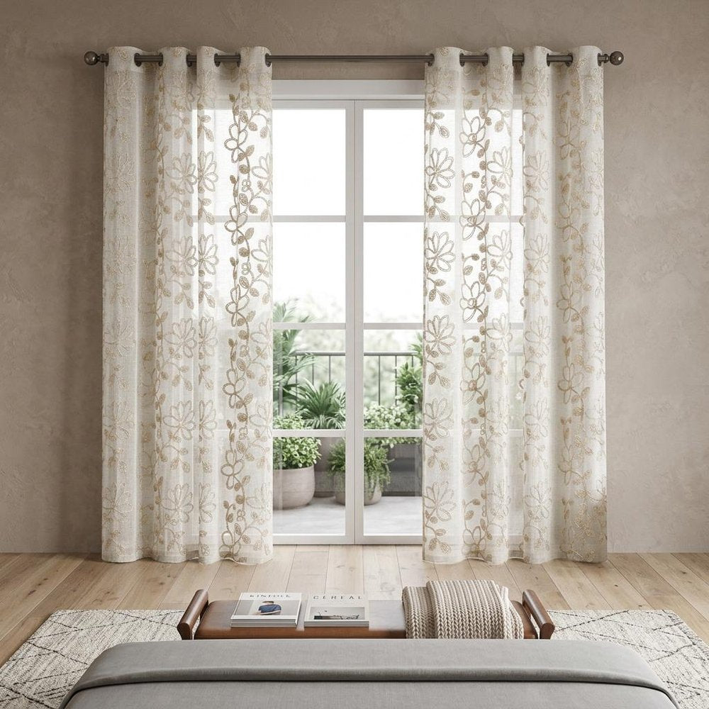 Set of Two 84" Tan Floral Embroidered Window Panels HomeRoots