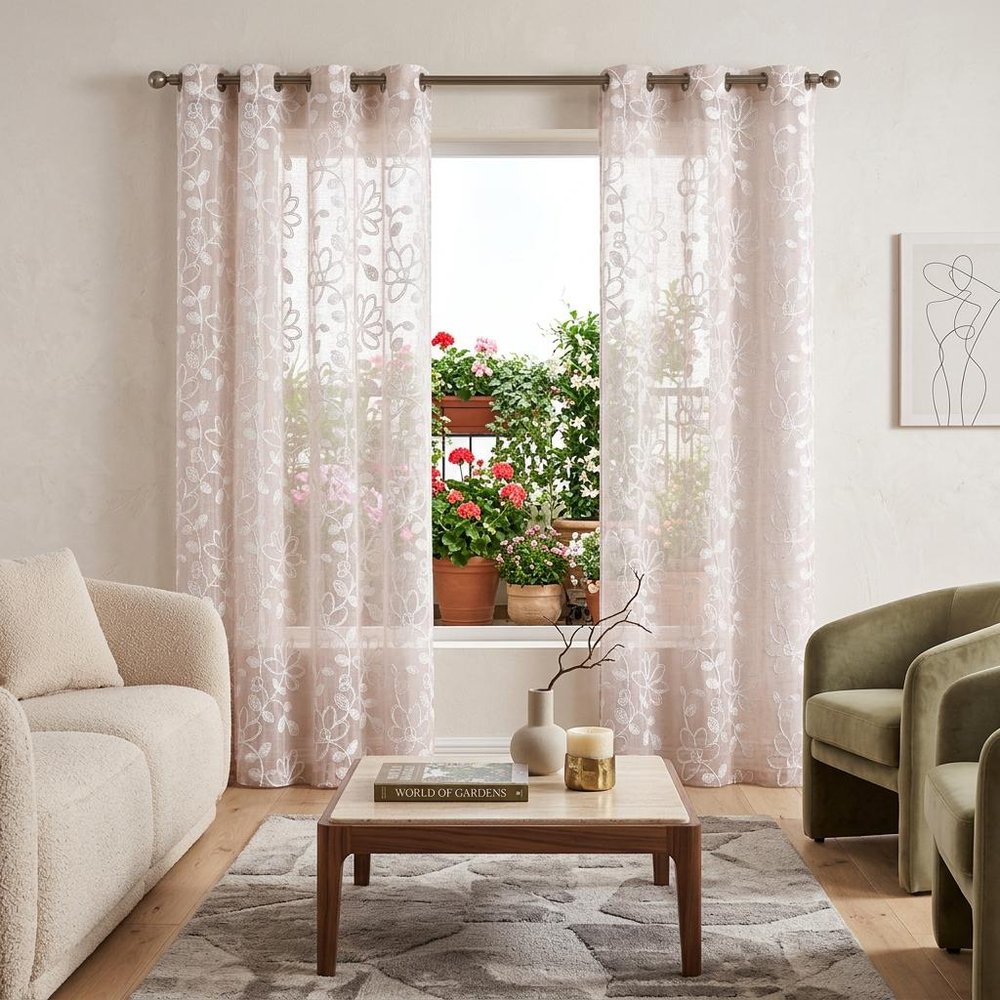 Set of Two 84" Blush Floral Embroidered Window Panels HomeRoots