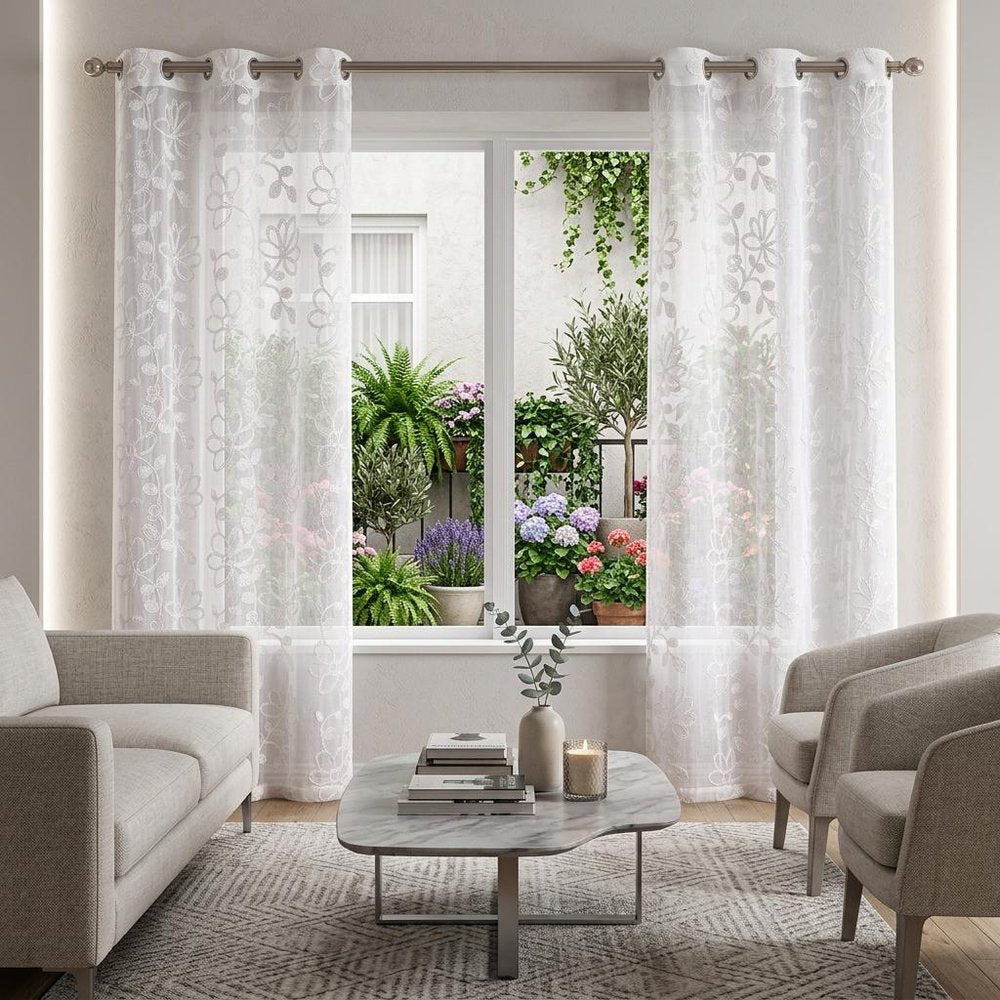 Set of Two 84" White Floral Embroidered Window Panels HomeRoots