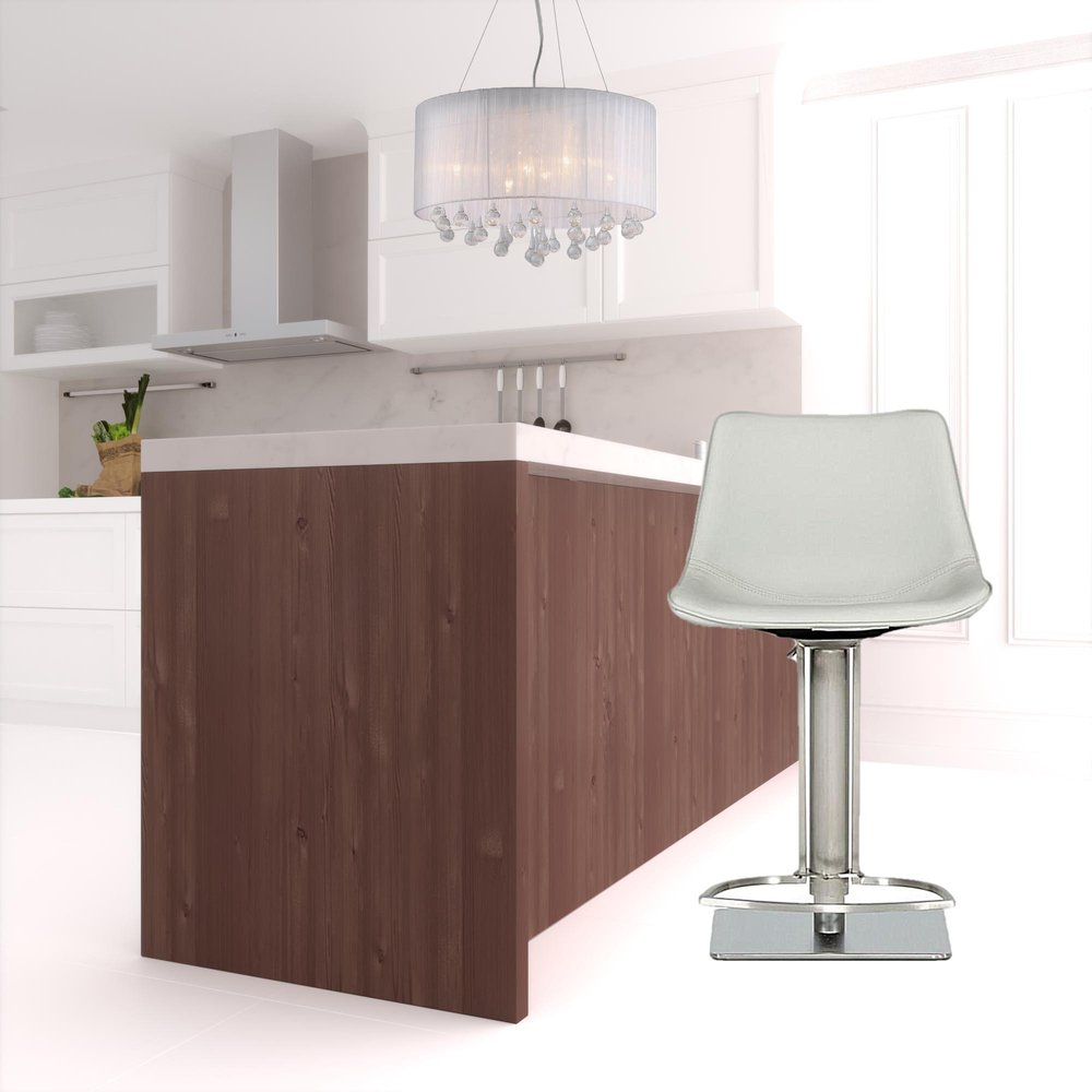 29" Light Gray And Silver Faux Leather And Stainless Steel Swivel Low Back Bar Height Bar Chair HomeRoots