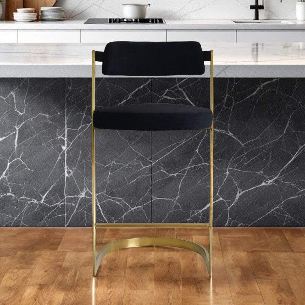 26" Black and Gold Velvet and Stainless Steel Low Back Counter Height Bar Chair HomeRoots