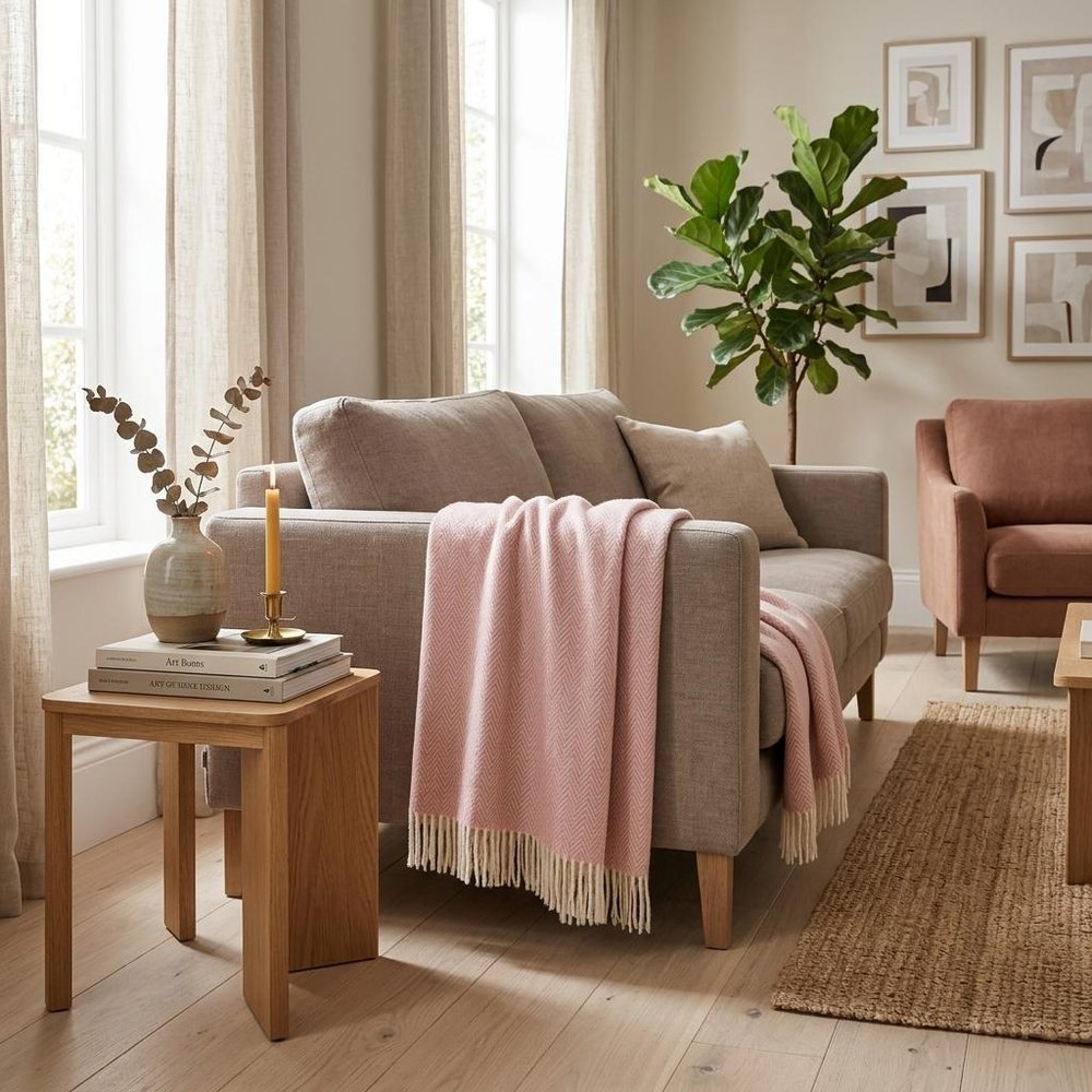 70" X 55" Pink And White Cotton Blend Woven Herringbone Plush Throw Blanket with Tassels HomeRoots