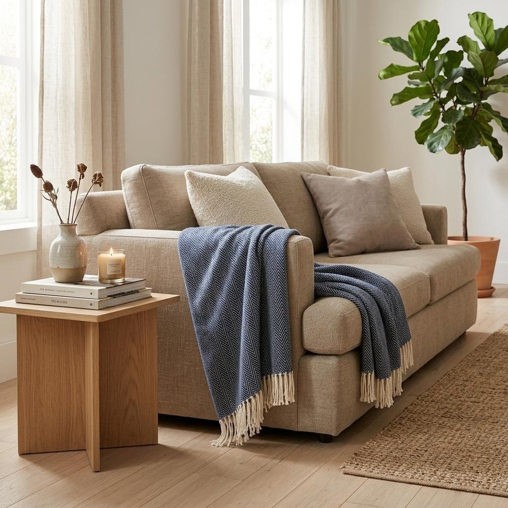 70" X 55" Navy Blue And White Cotton Blend Woven Herringbone Plush Throw Blanket with Tassels HomeRoots
