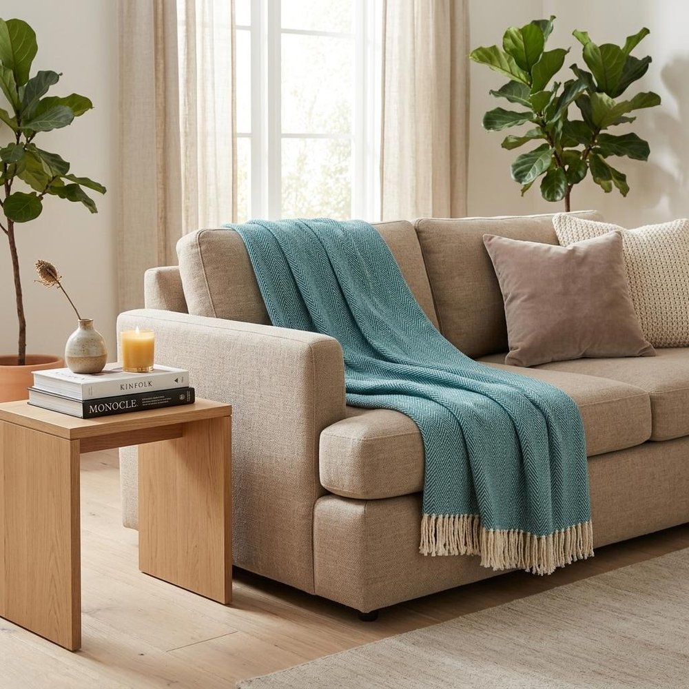 70" X 55" Teal Blue And White Cotton Blend Woven Herringbone Plush Throw Blanket with Tassels HomeRoots