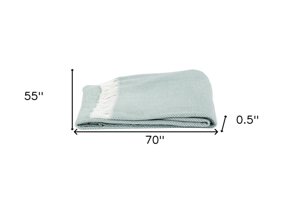 55" X 70" Sage and Ivory Woven Cotton Herringbone Plush Throw Blanket HomeRoots
