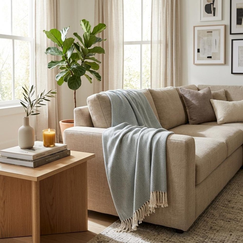 70" X 55" Sky Blue And White Cotton Blend Woven Herringbone Plush Throw Blanket with Tassels HomeRoots