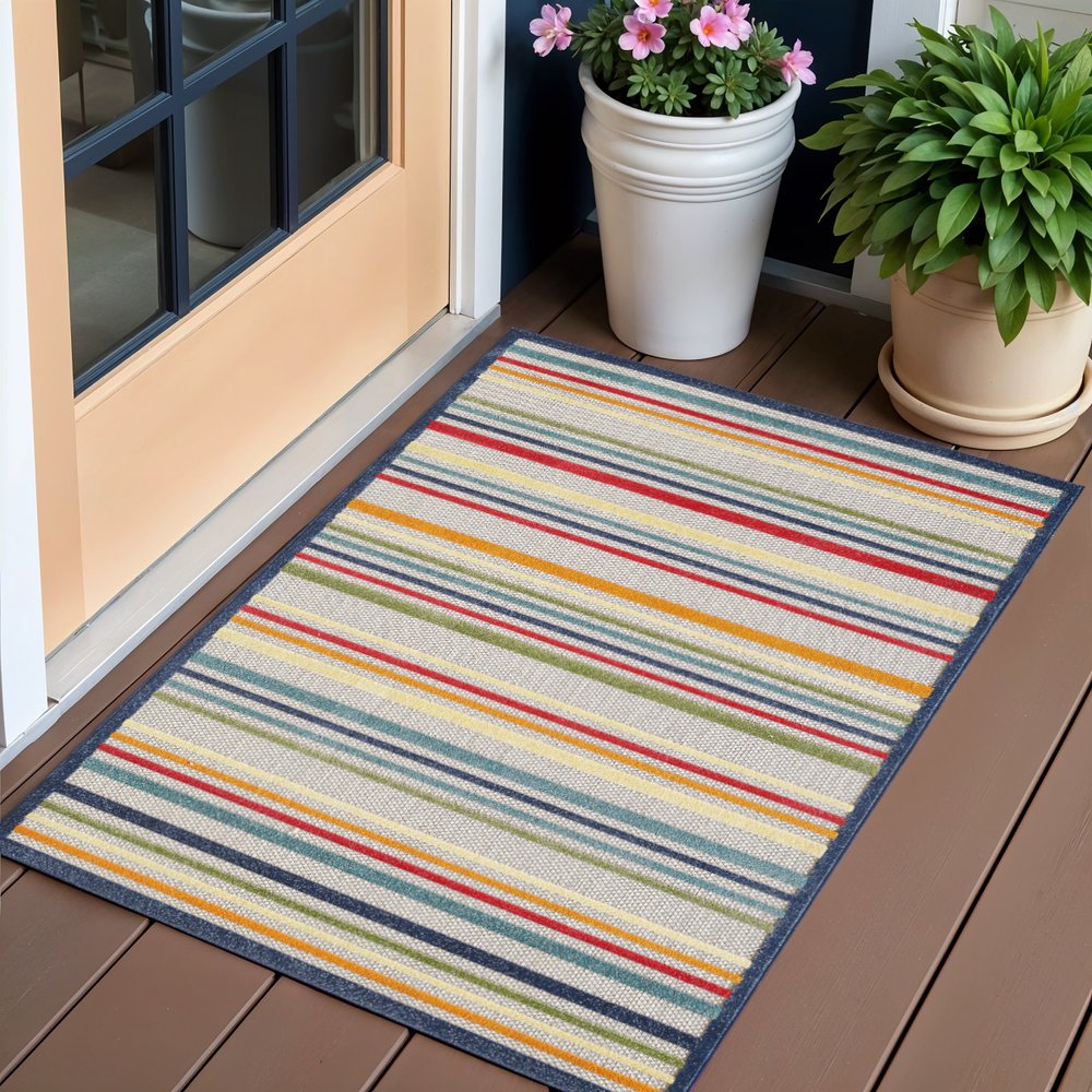 2' X 4' Ivory And Blue Indoor Outdoor Area Rug HomeRoots