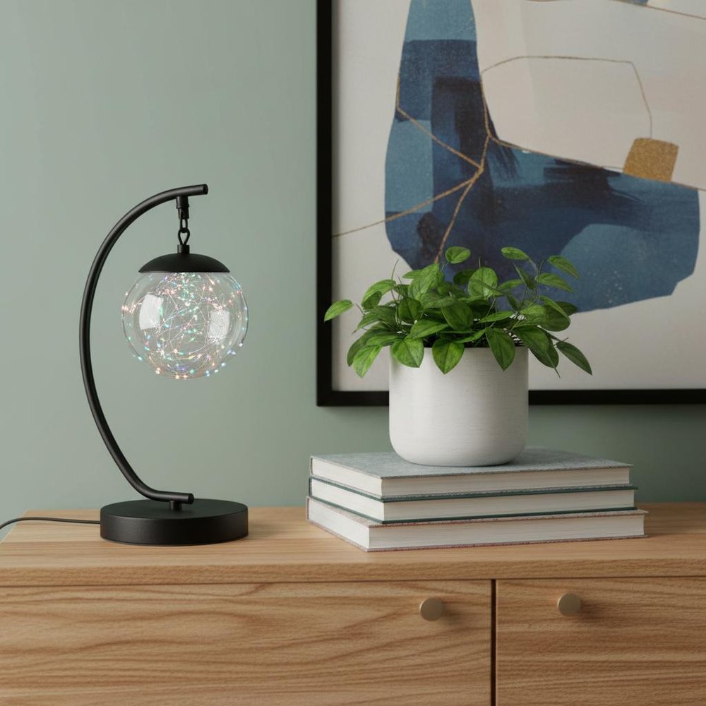 14" Matte Black Metal Arched Hanging Orb USB Table Lamp HomeRoots