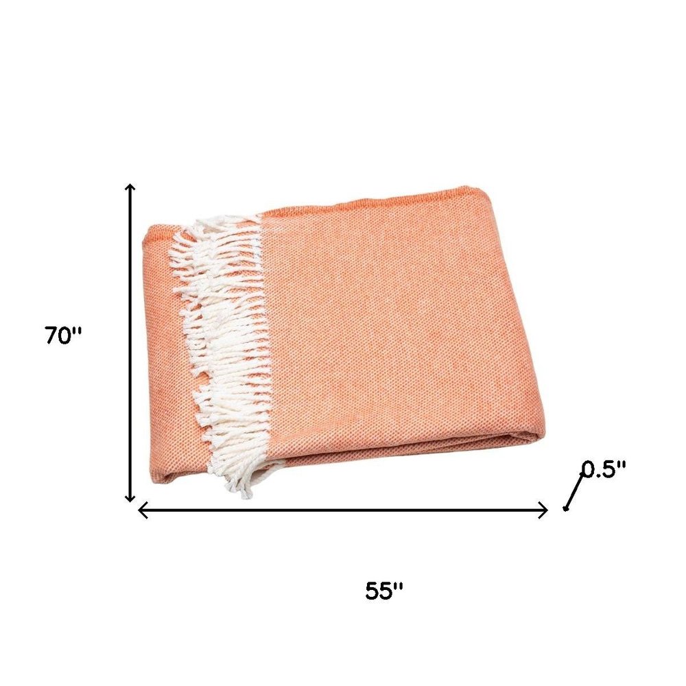 55" X 70" Coral And Ivory Cotton Woven Plush Throw Blanket with Tassels HomeRoots