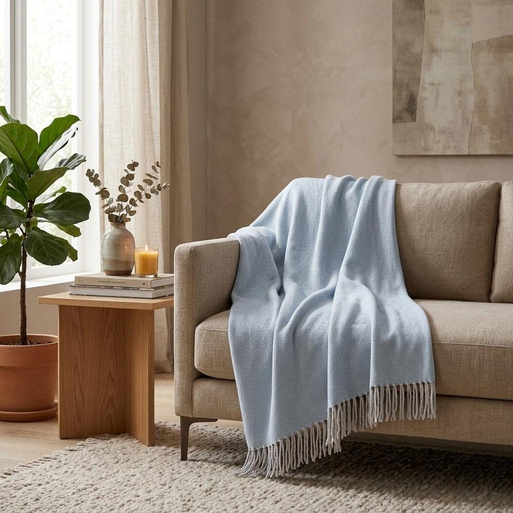 Sky Blue Mini Dot Fringed Throw Blanket HomeRoots
