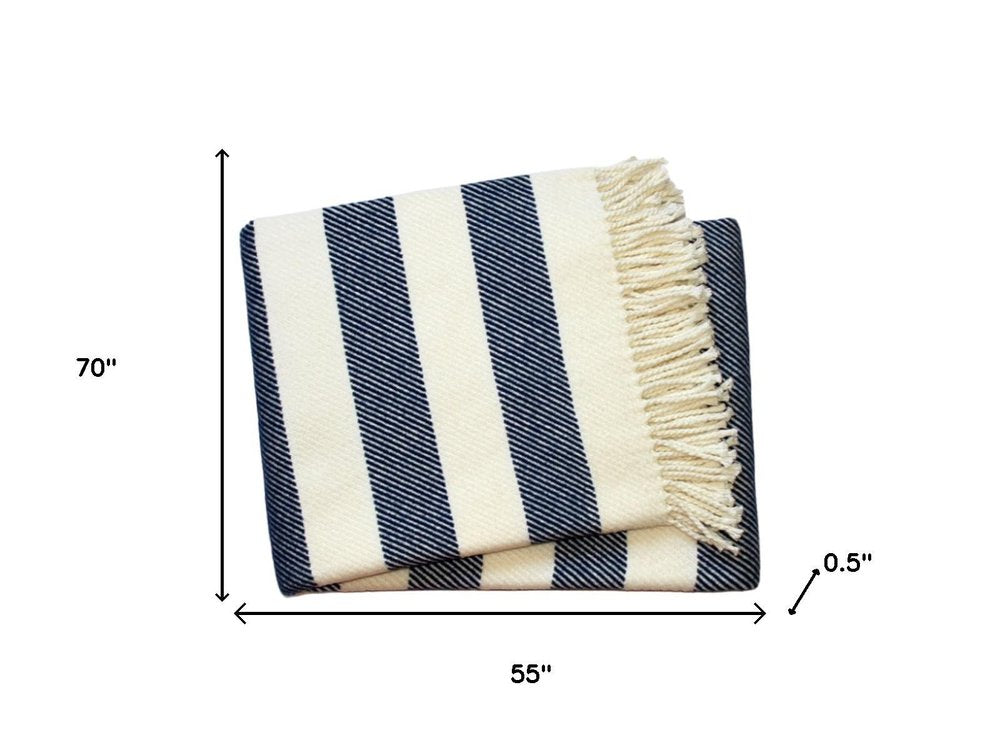 55" X 70" Blue And Cream Striped Cotton Plush Throw Blanket HomeRoots