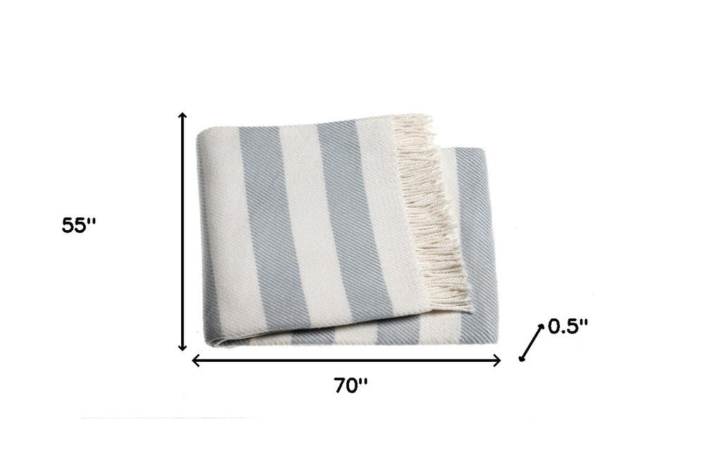 Cream and Sky Blue Slanted Stripe Fringed Throw Blanket HomeRoots