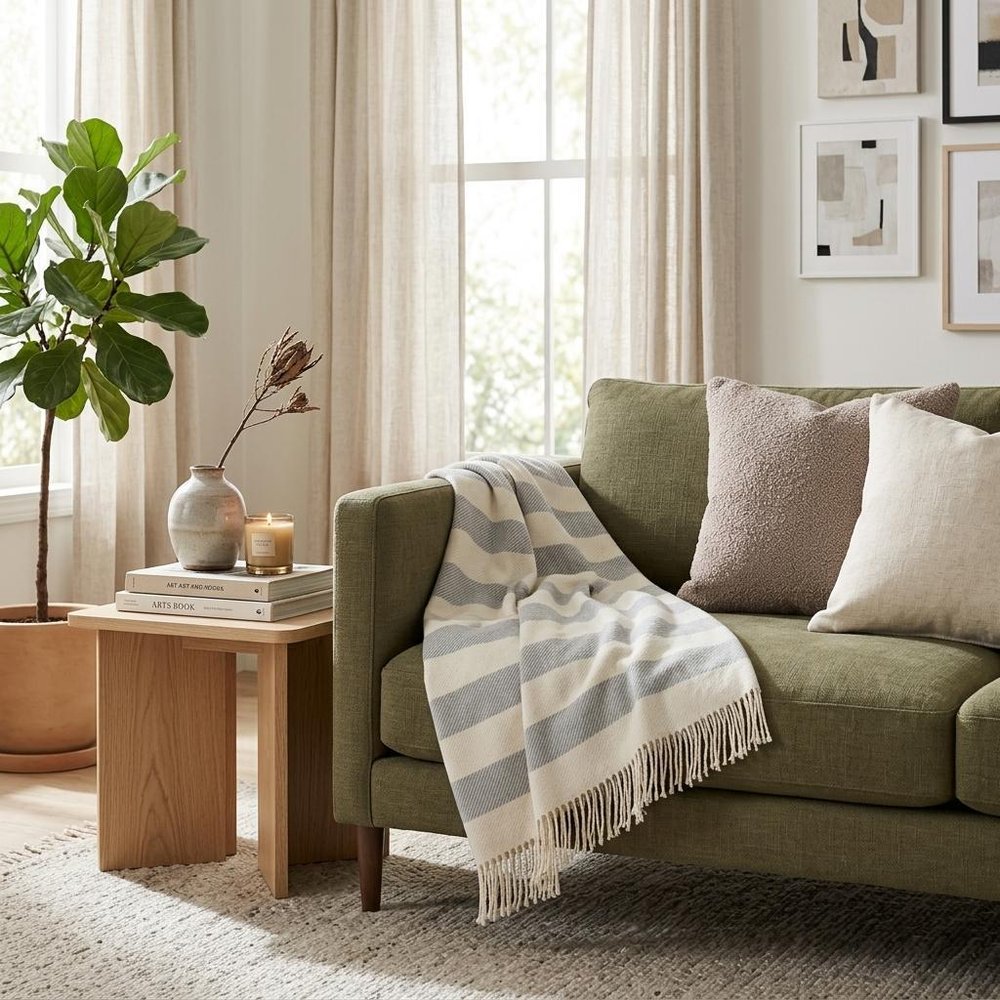 Cream and Sky Blue Slanted Stripe Fringed Throw Blanket HomeRoots