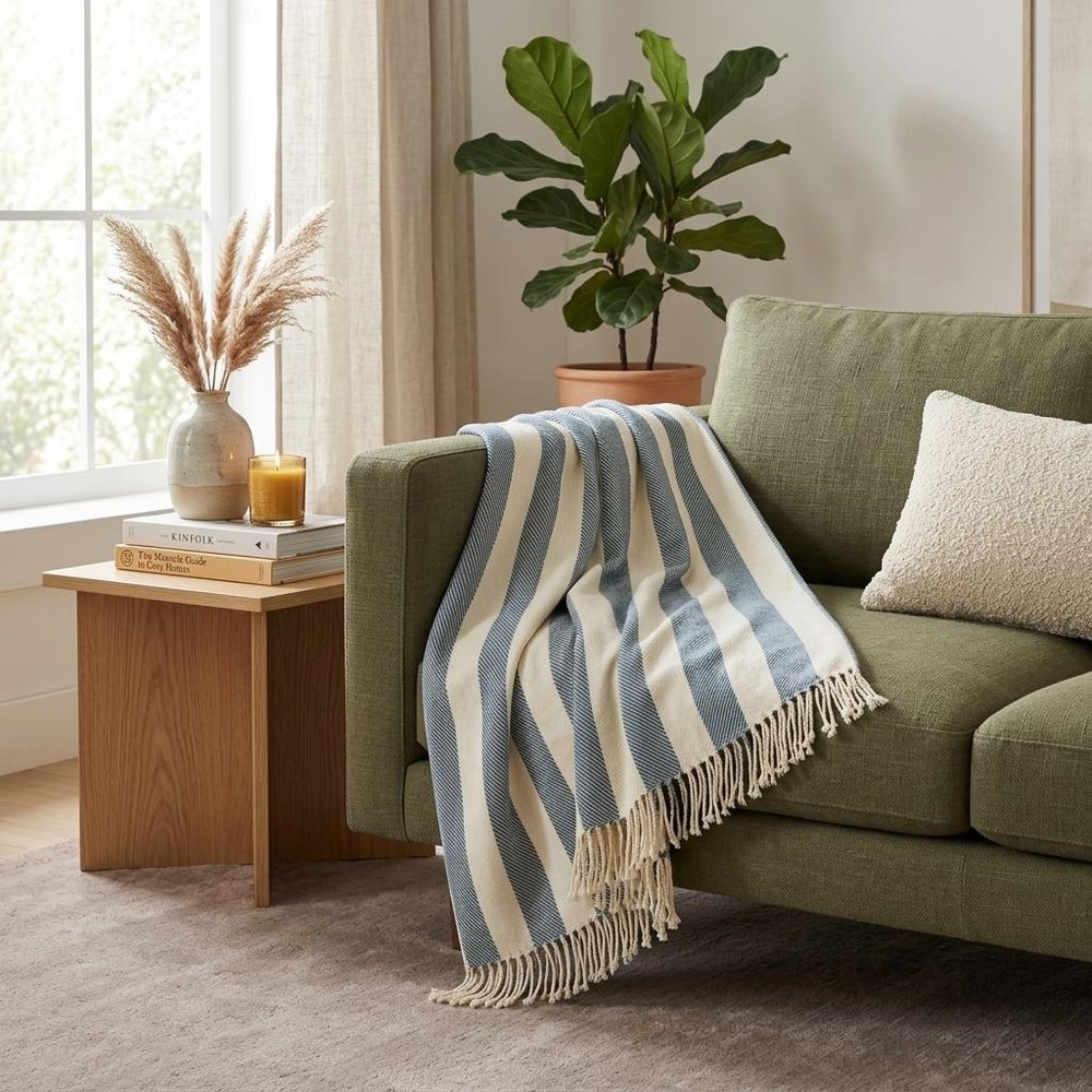 Cream and Slate Slanted Stripe Fringed Throw Blanket HomeRoots