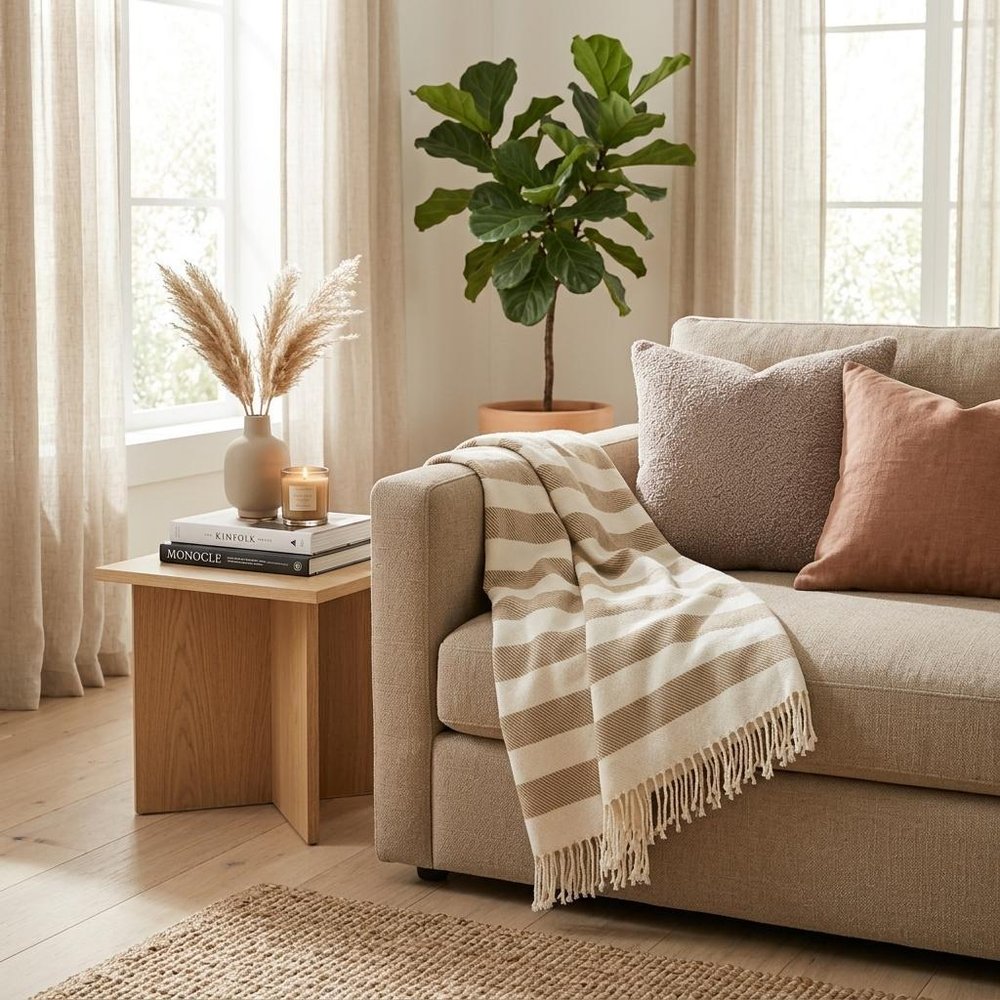 Cream and Stone Slanted Stripe Fringed Throw Blanket HomeRoots