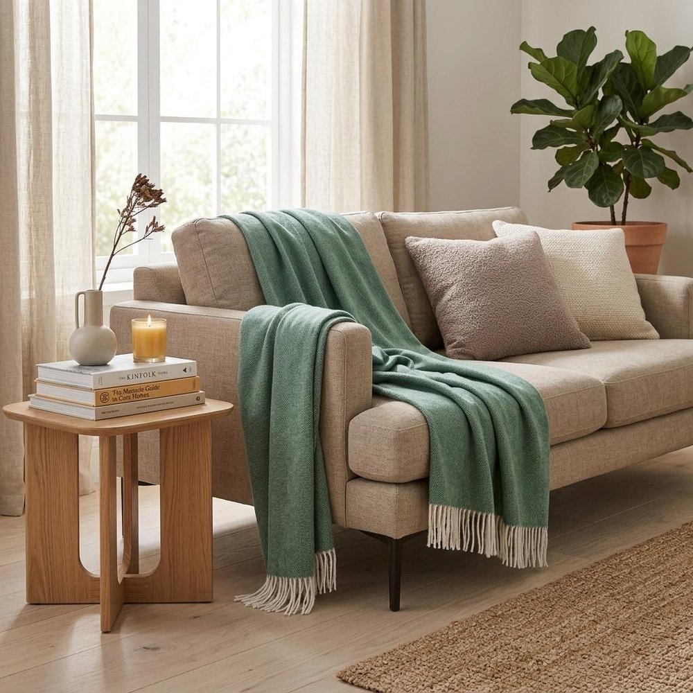 50" X 60" Olive Green And White Woven Herringbone Plush Throw Blanket with Tassels HomeRoots