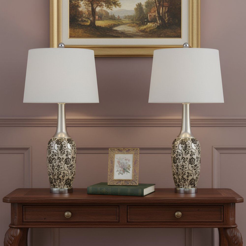 Set Of Two 30" Silver Metal Two Light Bedside Table Lamps With White Globe Shade HomeRoots