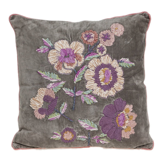 18" Taupe and Purple Cotton Throw Pillow With Embroidery FurniFindUSA