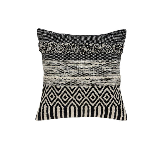 18" Beige and Black Cotton Throw Pillow With Embroidery 6.0" (L) x 18.0" (W) x 18.0" (H) FurniFindUSA