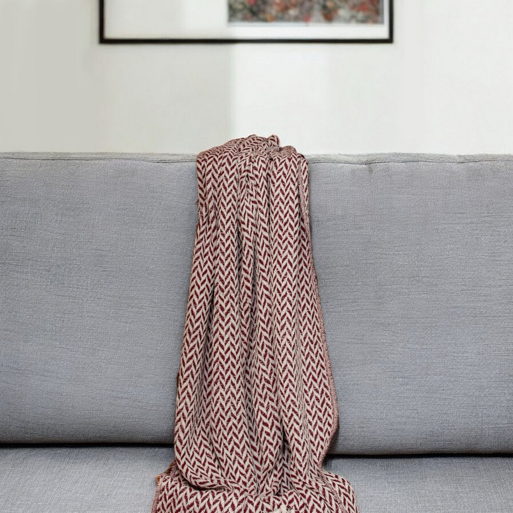 52" X 67" Burgundy And Ivory Cotton Woven Herringbone Throw Blanket with Tassels HomeRoots