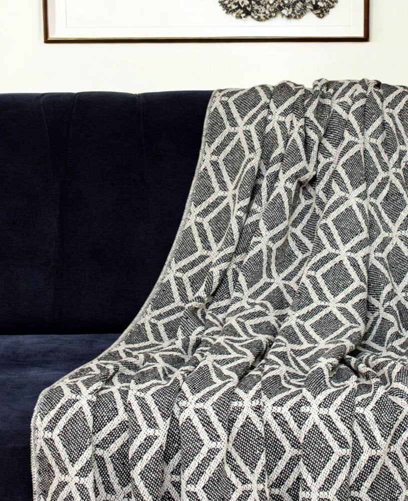 Grey and Beige Handloom Geometric Woven Throw Blanket HomeRoots